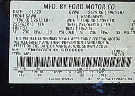 2020 Ford Explorer Xlt из США, поврежденный, VIN 1FMSK8DH0LGB60680